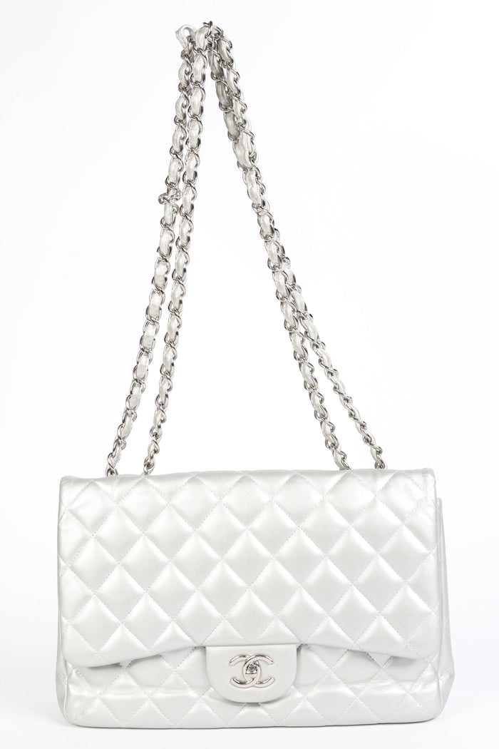 2010s Chanel Silver Lambskin Leather Jumbo Single Flap Shoulder Bag