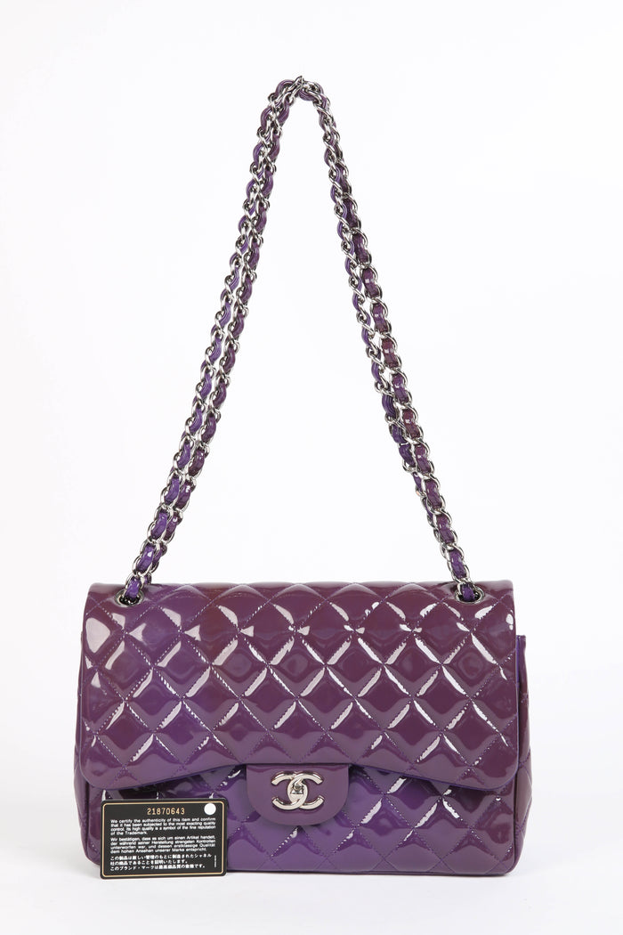 2010s Chanel Purple Patent Leather Jumbo Double Flap Bag