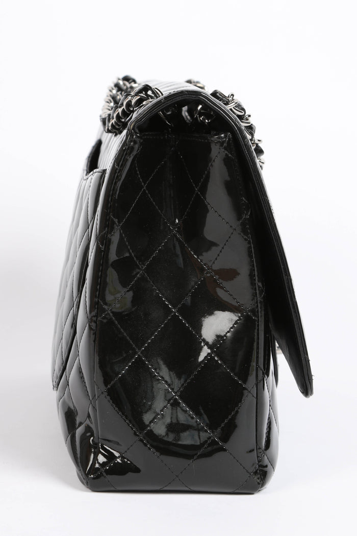 2000s Chanel Dark Olive Patent Leather Maxi Single Flap Shoulder Bag