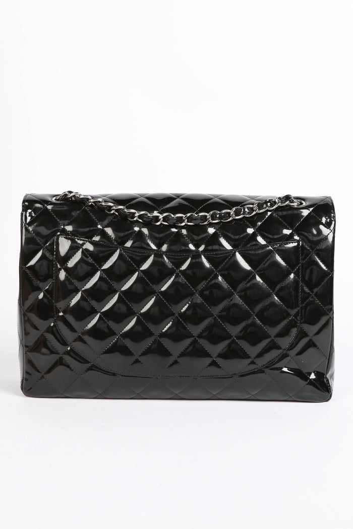 2000s Chanel Dark Olive Patent Leather Maxi Single Flap Shoulder Bag