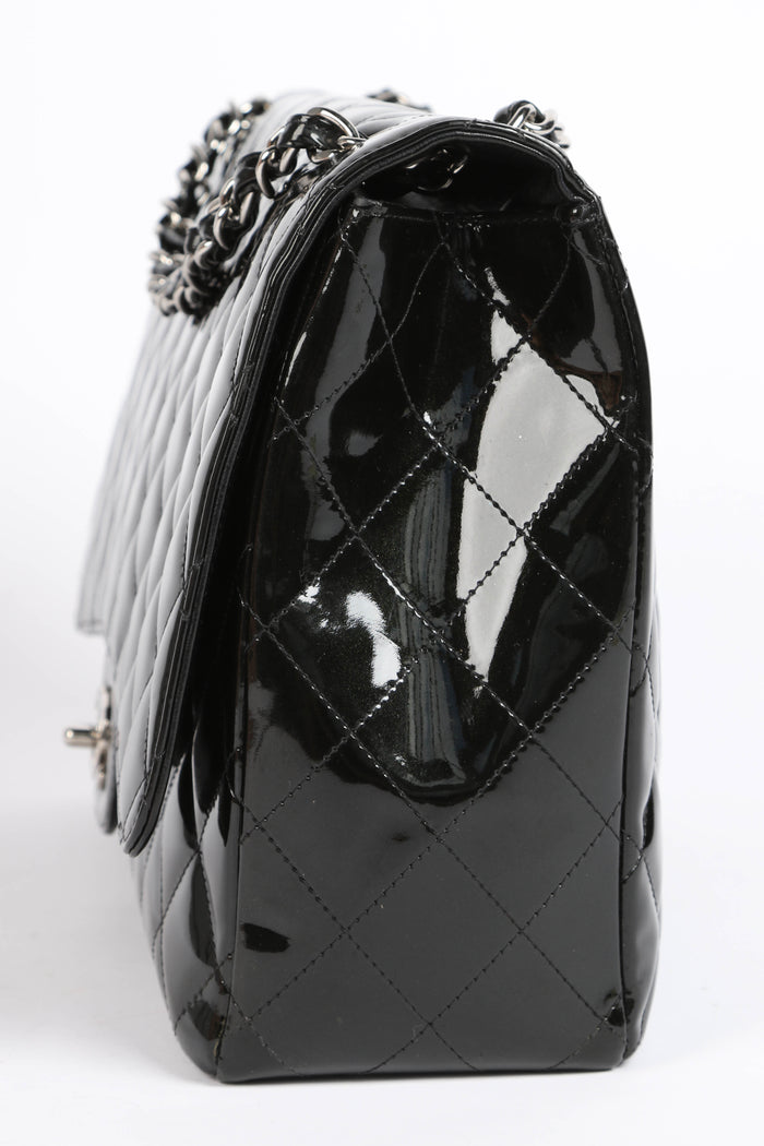 2000s Chanel Dark Olive Patent Leather Maxi Single Flap Shoulder Bag