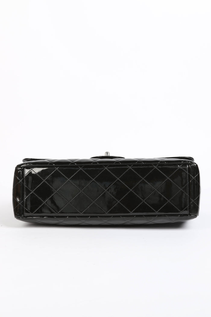 2000s Chanel Dark Olive Patent Leather Maxi Single Flap Shoulder Bag