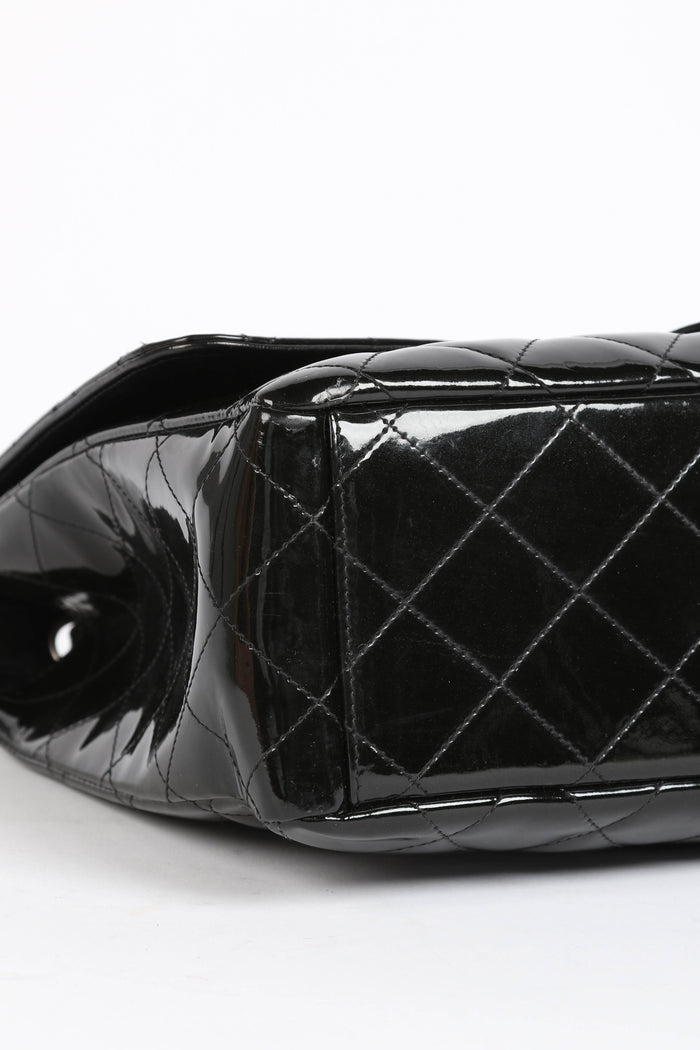2000s Chanel Dark Olive Patent Leather Maxi Single Flap Shoulder Bag