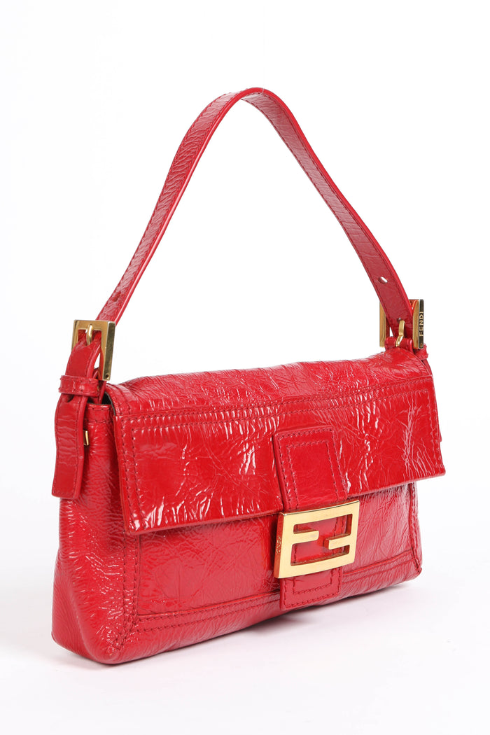 Vintage Fendi Red Aged Leather Baguette Shoulder Bag