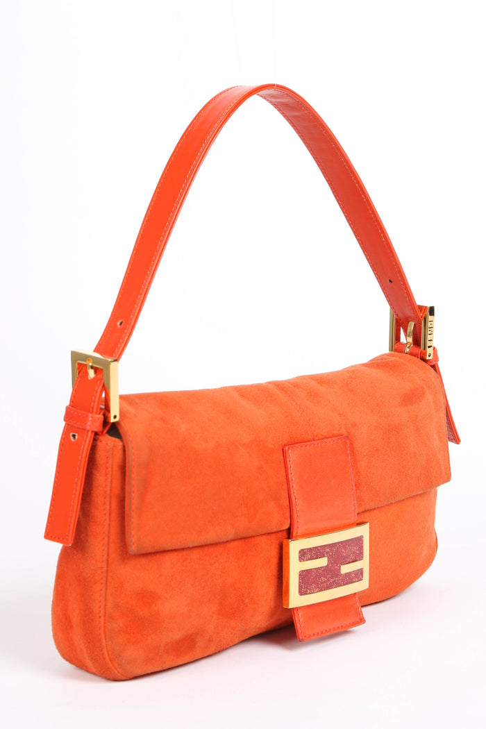 Vintage Fendi Orange Suede Baguette Shoulder Bag
