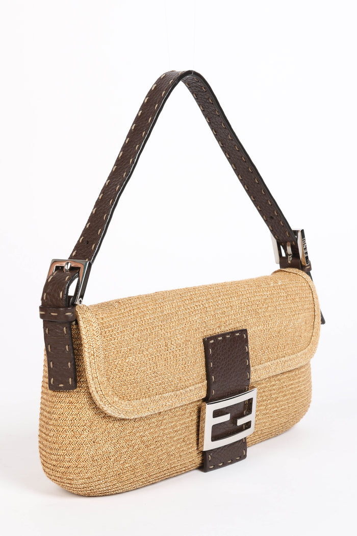 Vintage Fendi Brown Leather & Raffia Selleria Shoulder Bag
