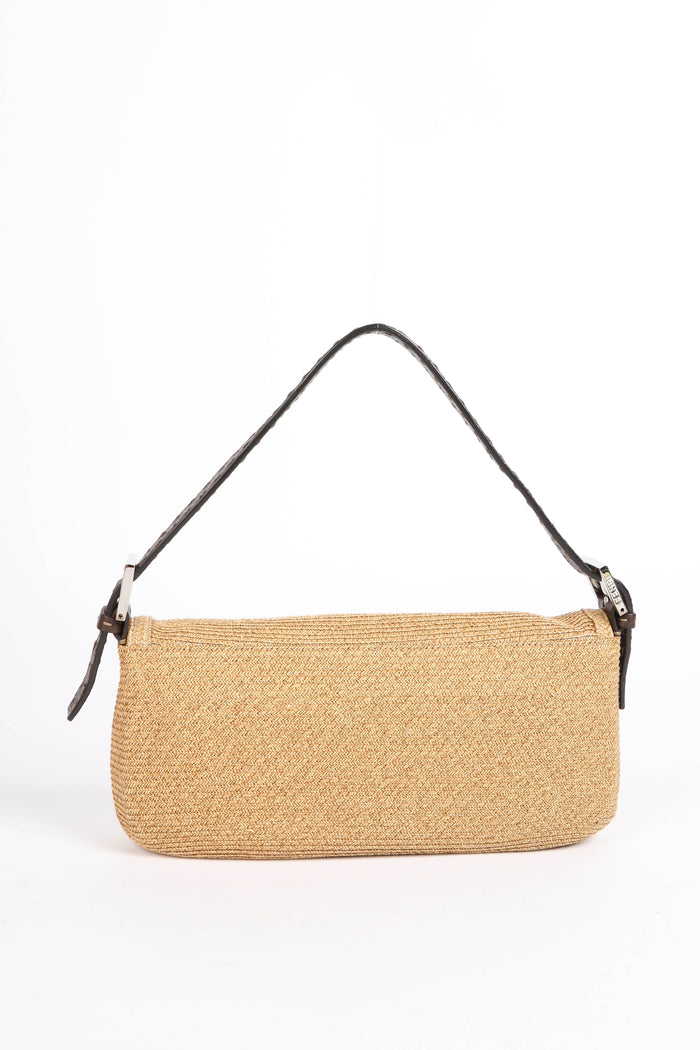 Vintage Fendi Brown Leather & Raffia Selleria Shoulder Bag