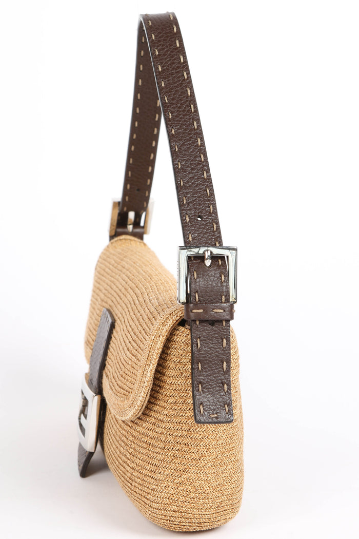 Vintage Fendi Brown Leather & Raffia Selleria Shoulder Bag