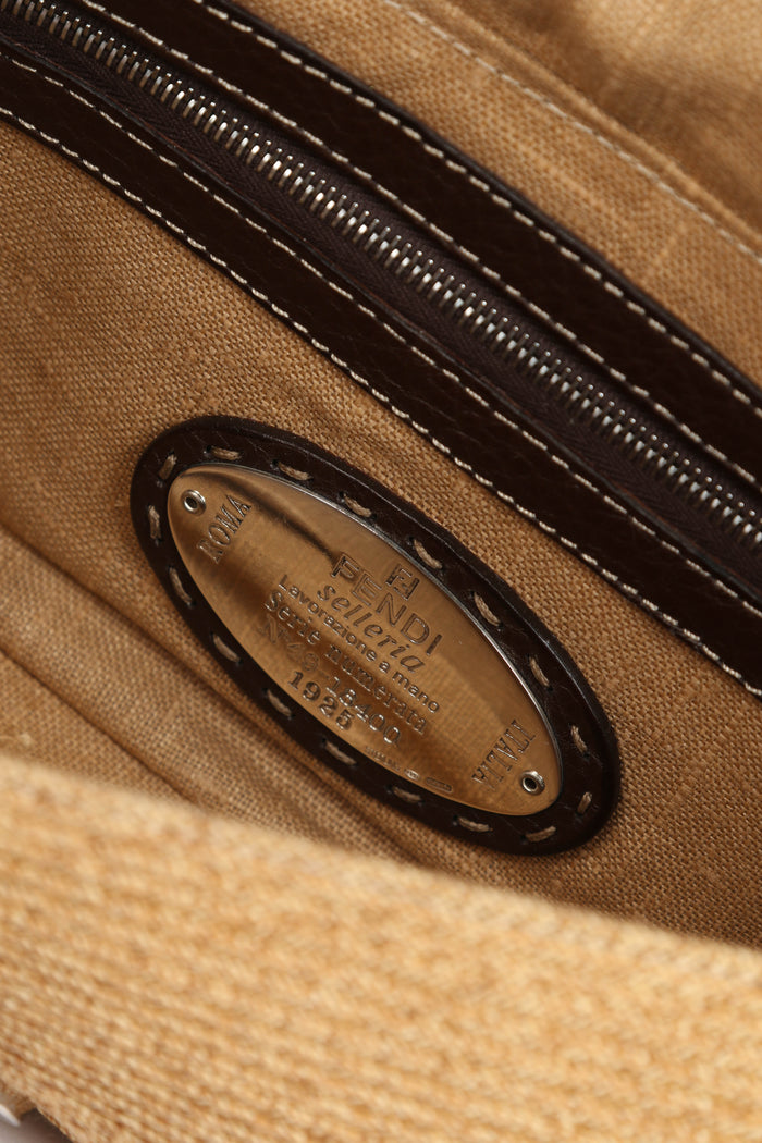 Vintage Fendi Brown Leather & Raffia Selleria Shoulder Bag