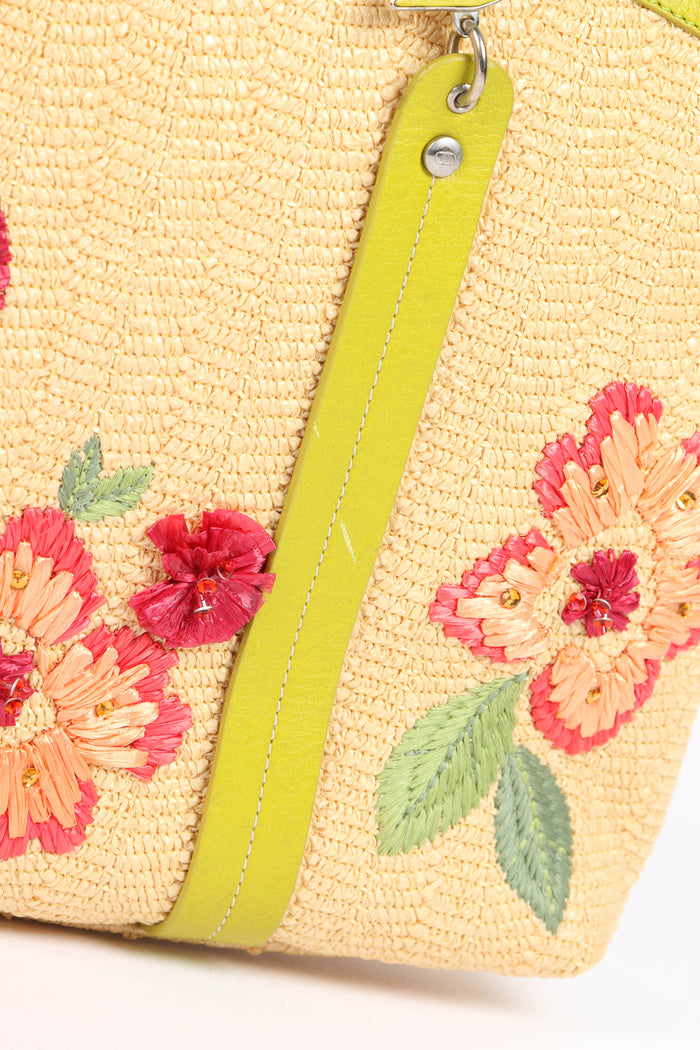 Limited Edition 2005 Christian Dior Floral Embroidered Raffia Tote Bag