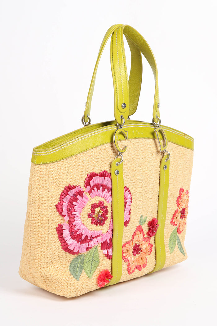 Limited Edition 2005 Christian Dior Floral Embroidered Raffia Tote Bag