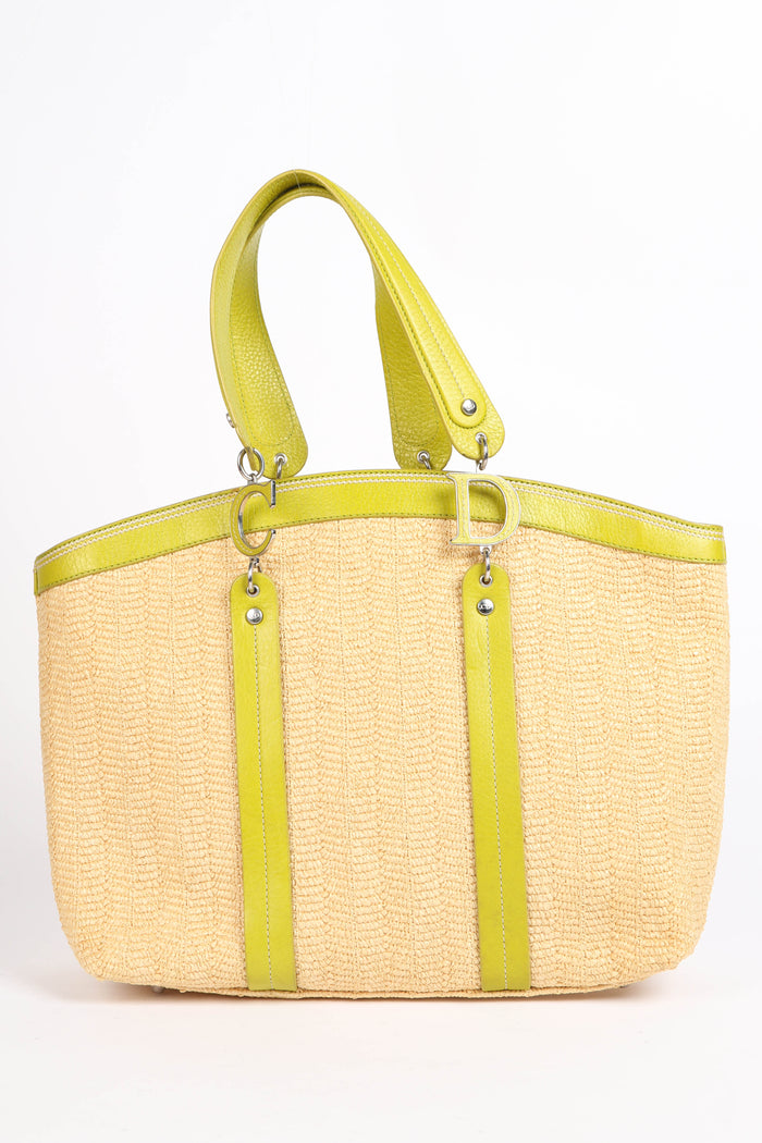 Limited Edition 2005 Christian Dior Floral Embroidered Raffia Tote Bag