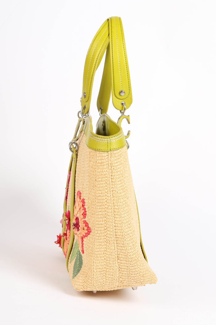 Limited Edition 2005 Christian Dior Floral Embroidered Raffia Tote Bag