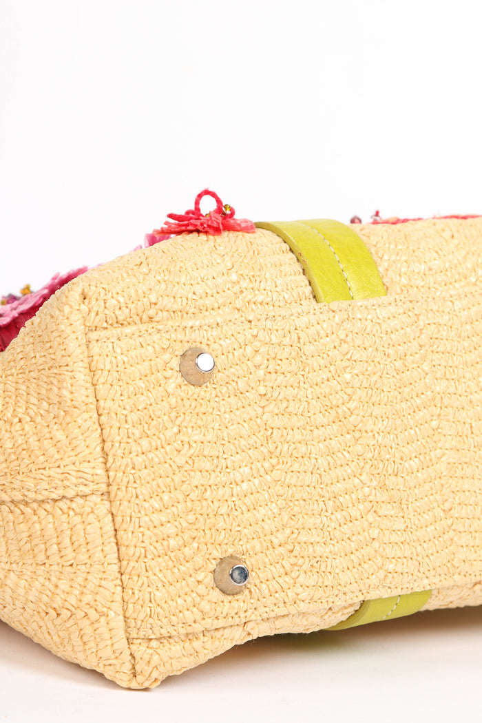 Limited Edition 2005 Christian Dior Floral Embroidered Raffia Tote Bag