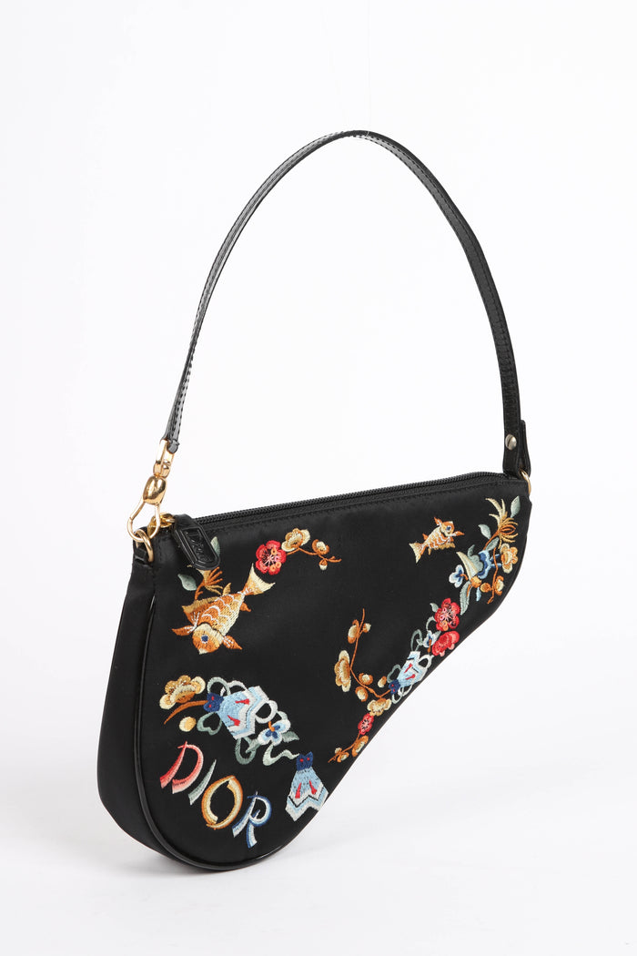 LIMITED EDITION Christian Dior Black Satin Koi Fish Embroidered Saddle Bag