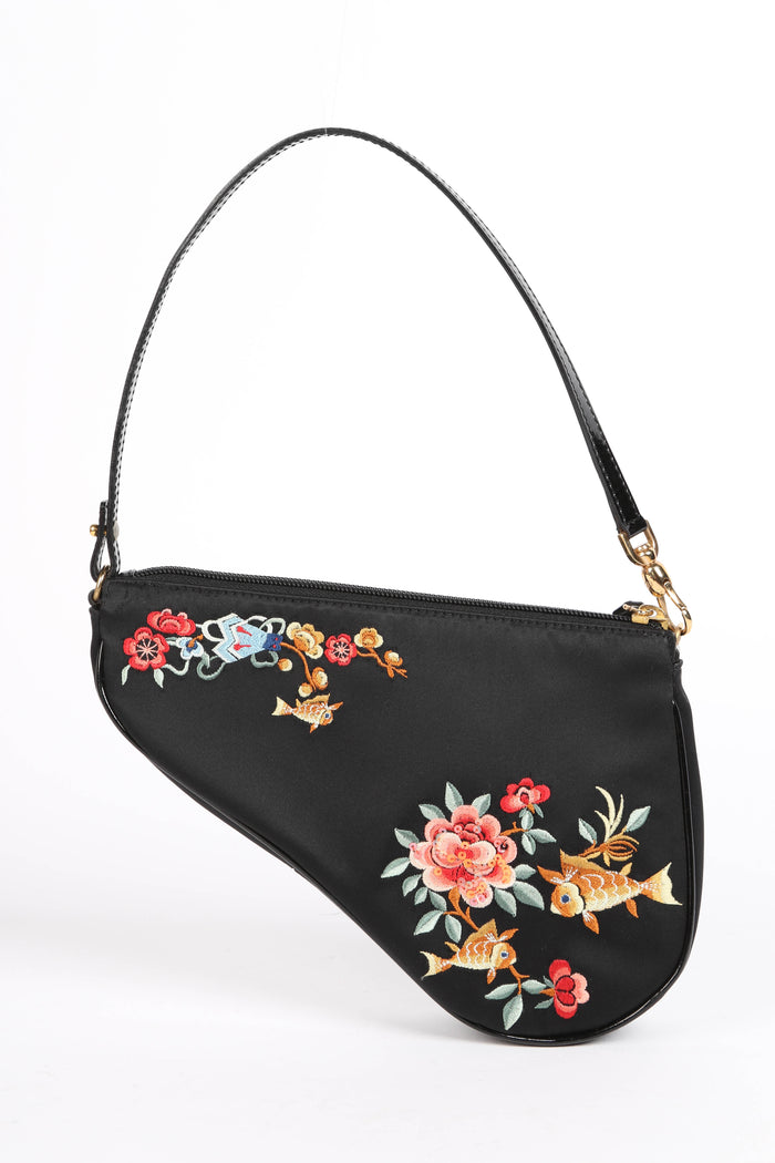LIMITED EDITION Christian Dior Black Satin Koi Fish Embroidered Saddle Bag