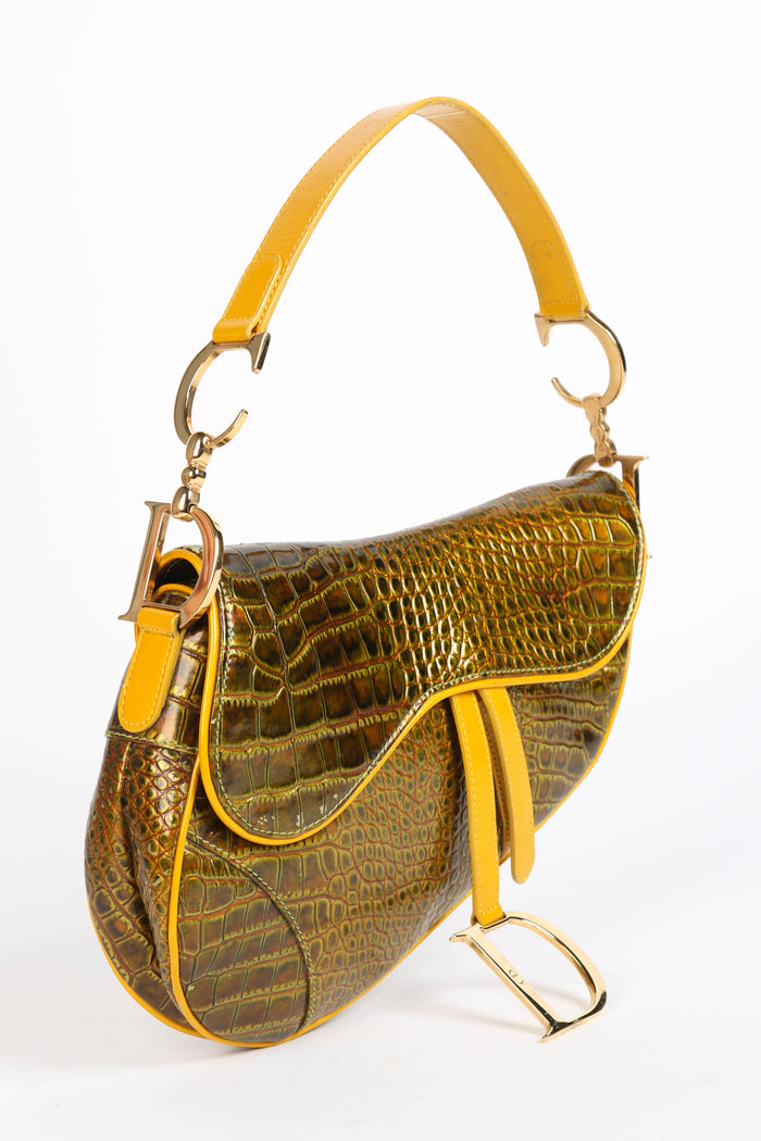 RARE 2001 Vintage Christian Dior Green Croc Embossed Saddle Bag