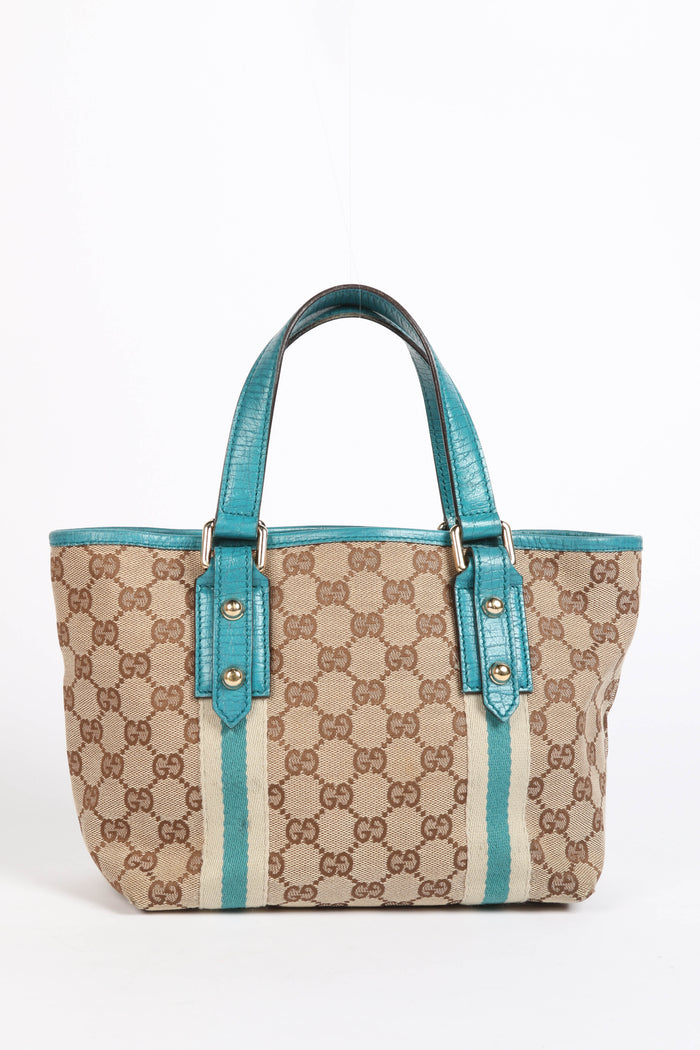 Vintage Gucci Monogram Canvas Teal Mini Tote Bag
