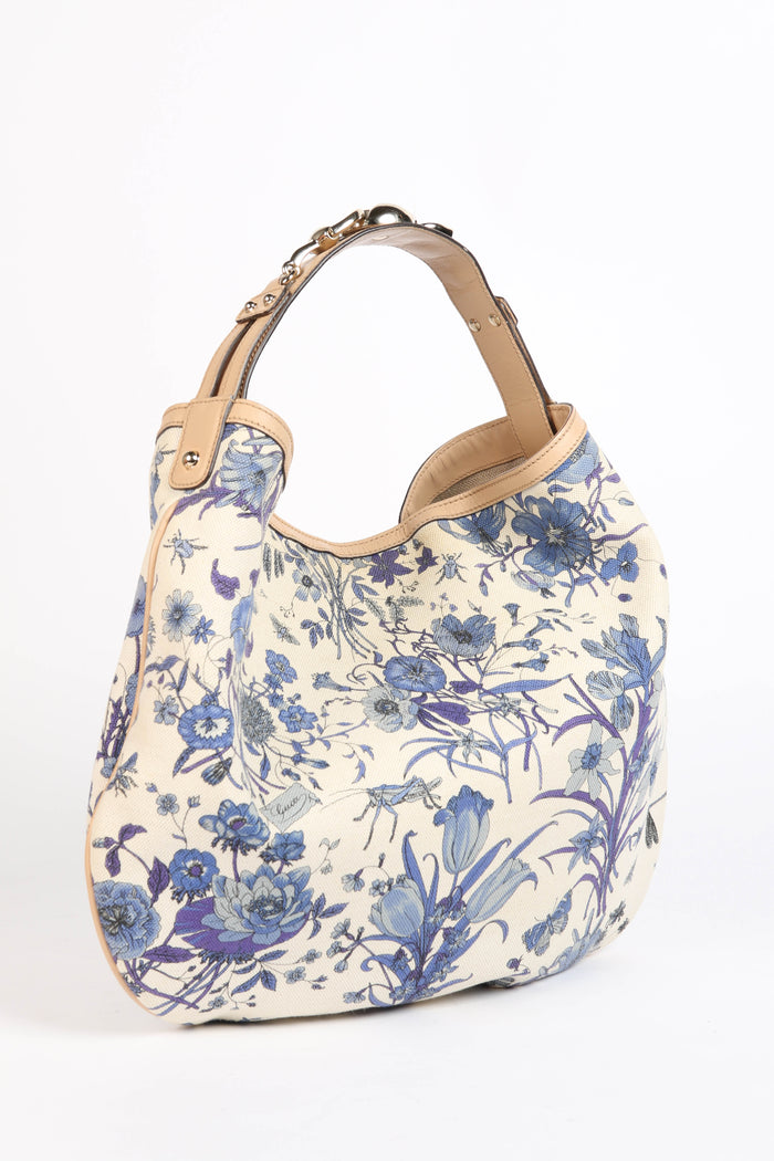 Gucci Flora Blue Canvas Wave Horsebit Hobo Bag