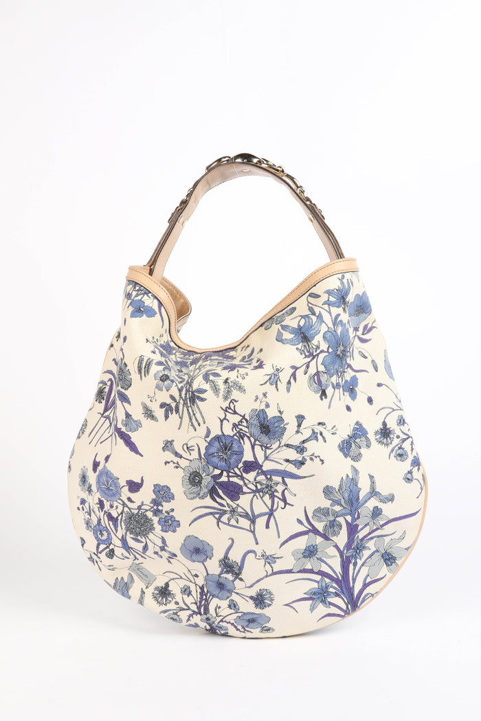 Gucci Flora Blue Canvas Wave Horsebit Hobo Bag