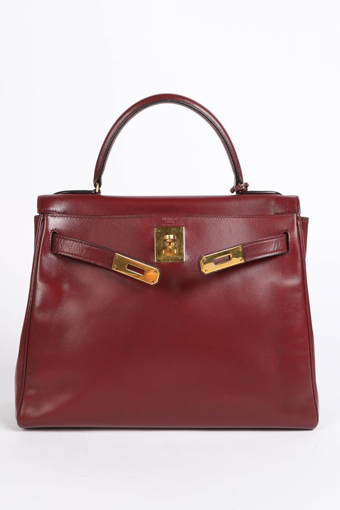 1984 Hermes Kelly 28cm Retourne in Rouge H Box Calf Leather GHW