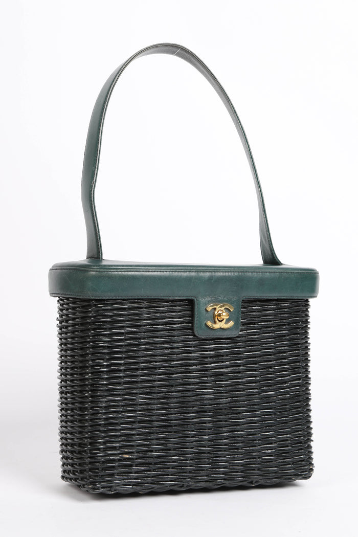 RARE Chanel Green Wicker Basket Small Top Handle Bag