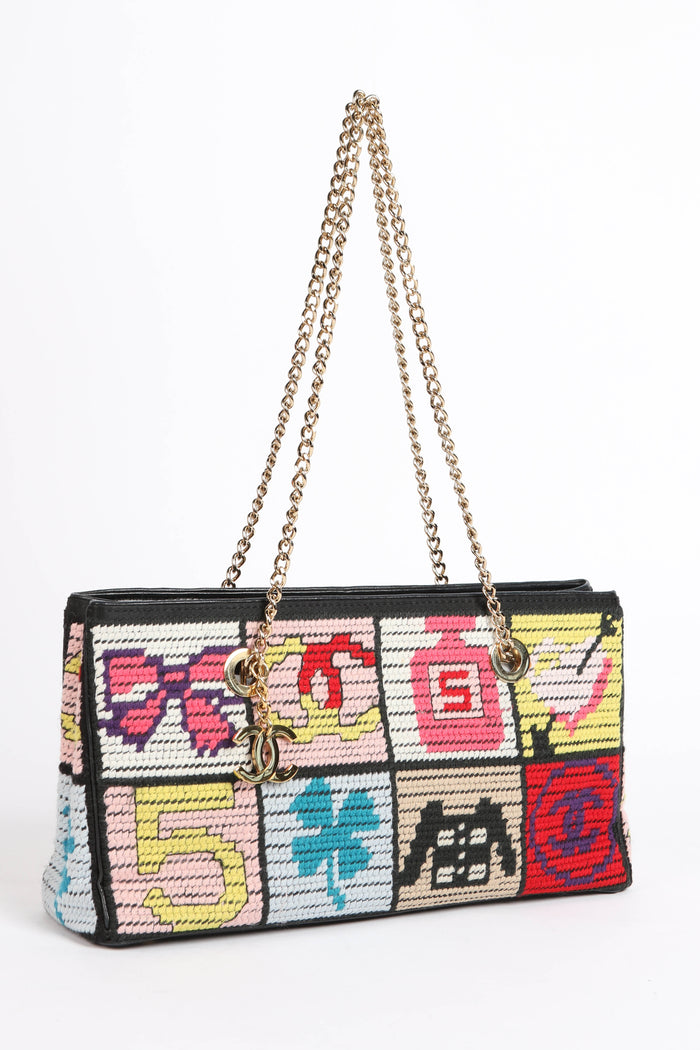 2000s Chanel Embroidered Multicolour Icon Shoulder Bag