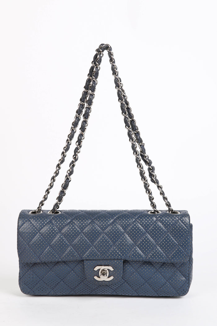 2000s Chanel Blue Perforated Leather East West Single Flap Bag