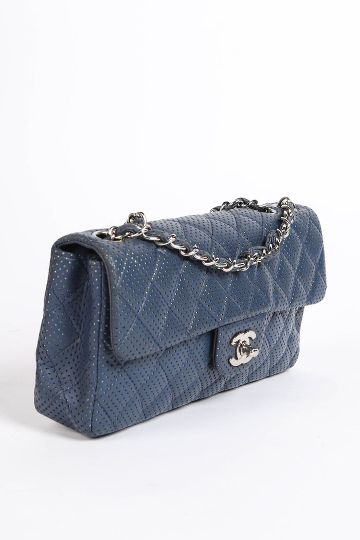 2000s Chanel Blue Perforated Leather East West Single Flap Bag