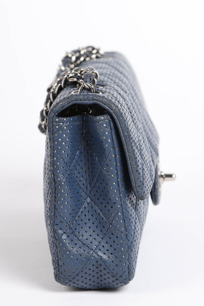 2000s Chanel Blue Perforated Leather East West Single Flap Bag