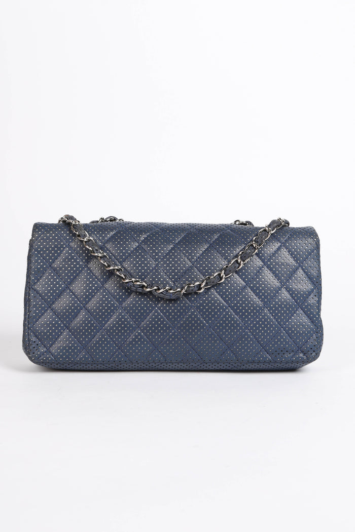 2000s Chanel Blue Perforated Leather East West Single Flap Bag