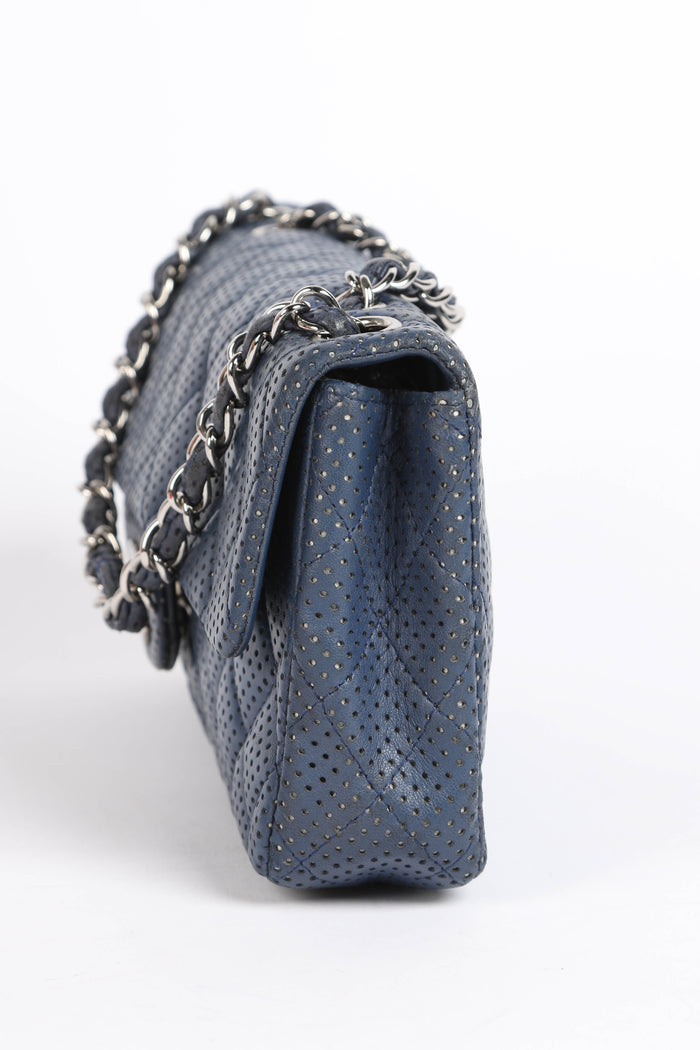 2000s Chanel Blue Perforated Leather East West Single Flap Bag