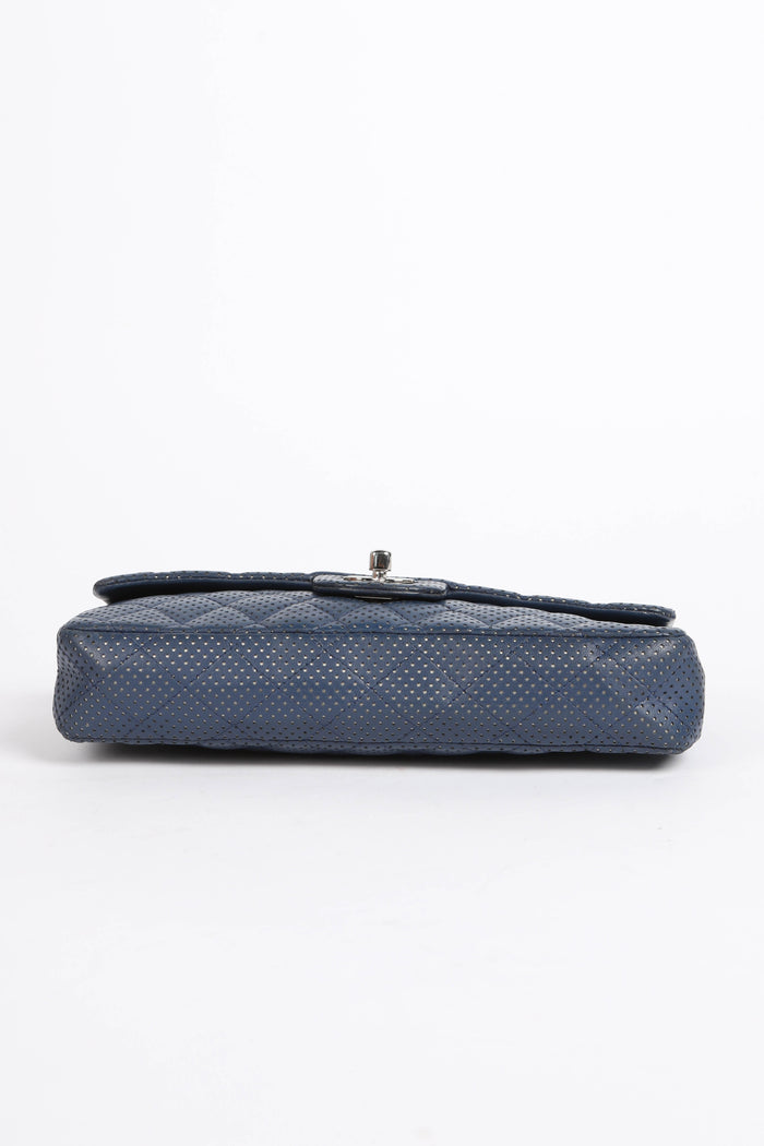 2000s Chanel Blue Perforated Leather East West Single Flap Bag