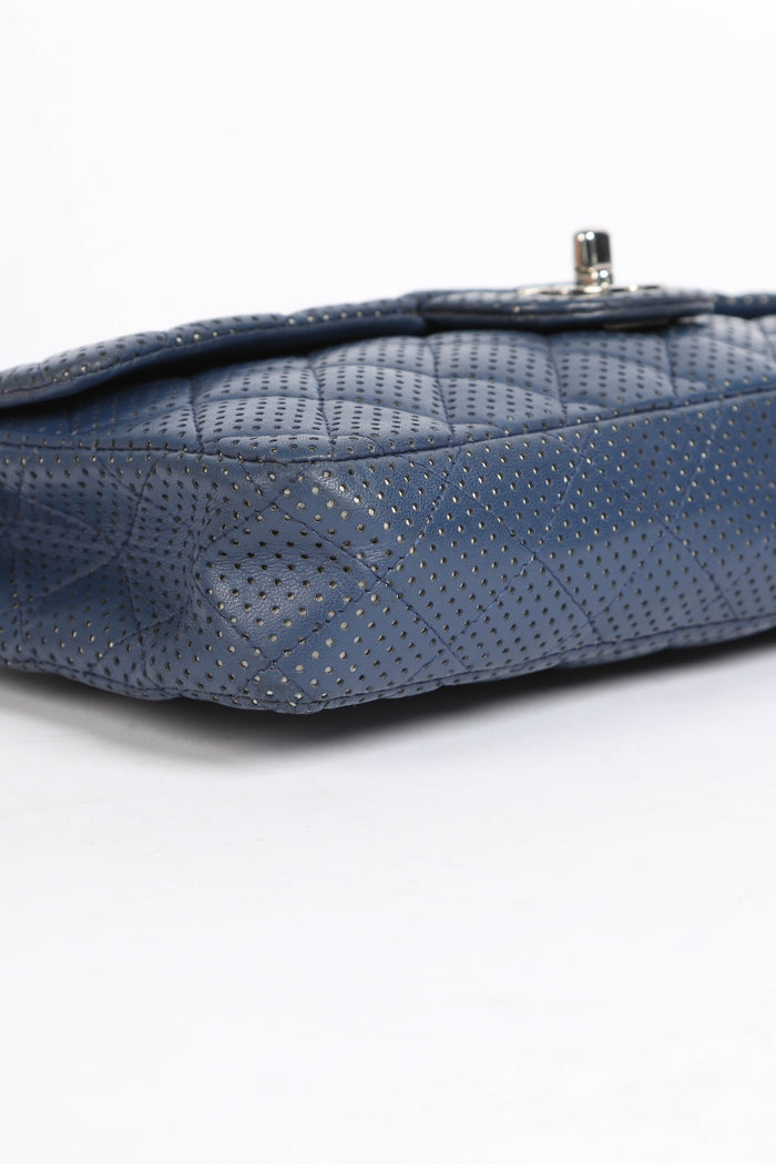 2000s Chanel Blue Perforated Leather East West Single Flap Bag