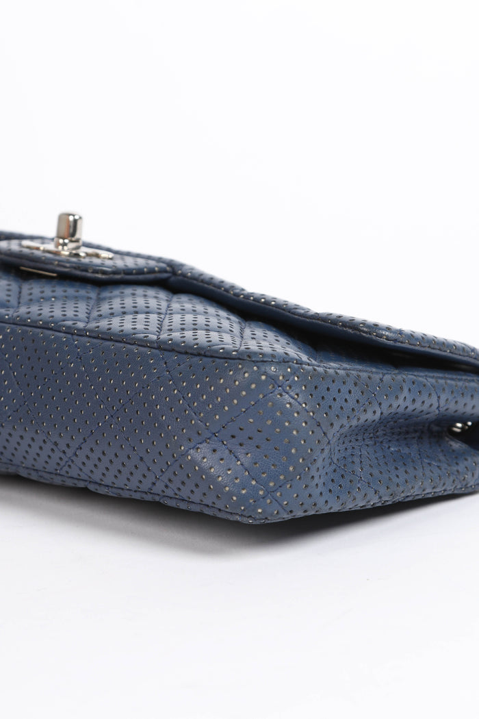 2000s Chanel Blue Perforated Leather East West Single Flap Bag