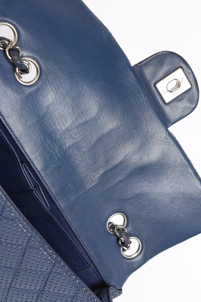 2000s Chanel Blue Perforated Leather East West Single Flap Bag