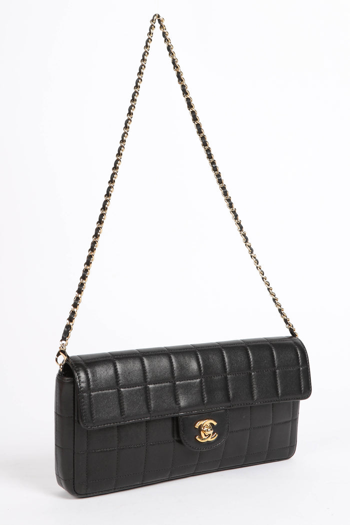 2000s Chanel Black Lambskin Leather East West Chocolate Bar Shoulder Bag