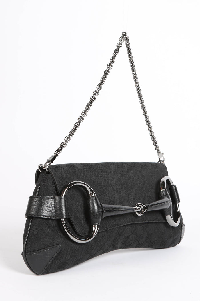 Vintage Gucci Black GG Monogram Large Horsebit Shoulder Bag