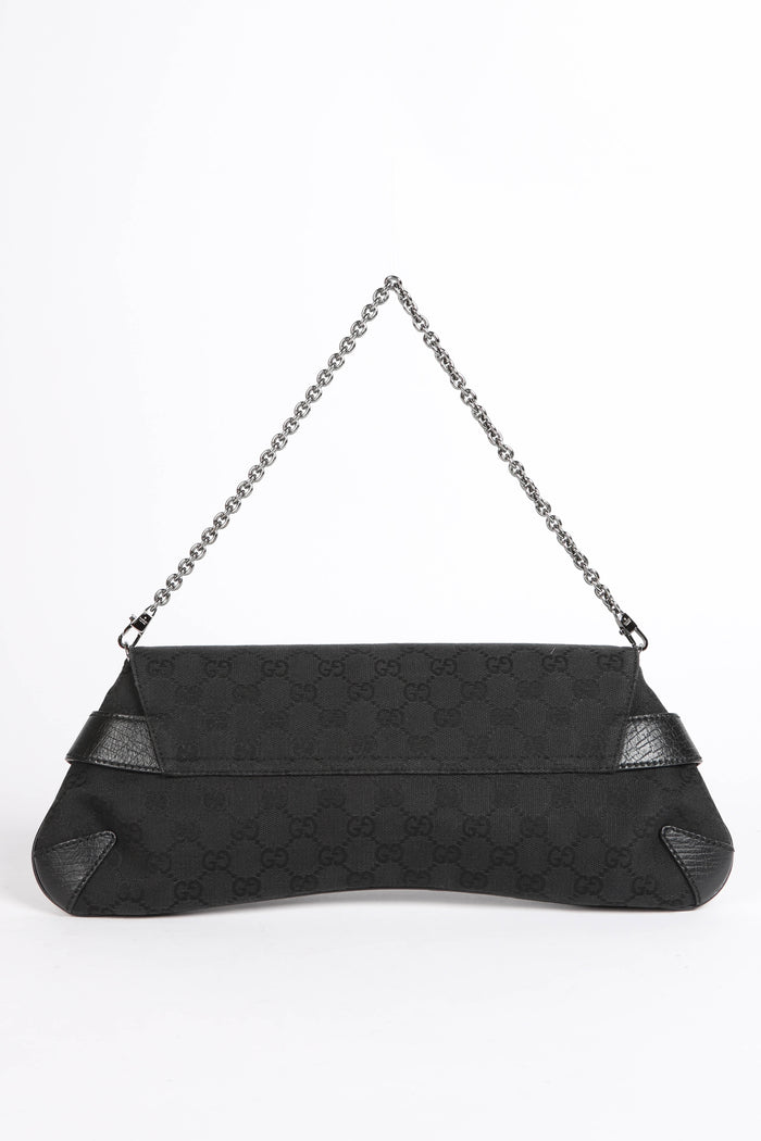 Vintage Gucci Black GG Monogram Large Horsebit Shoulder Bag