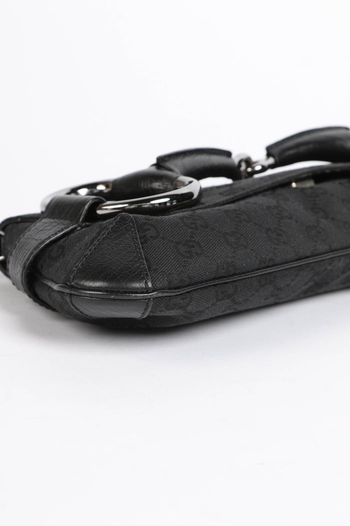 Vintage Gucci Black GG Monogram Large Horsebit Shoulder Bag