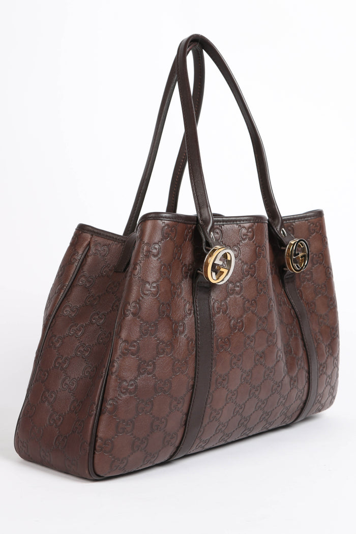 Vintage Gucci Brown Leather Monogram Shoulder Bag