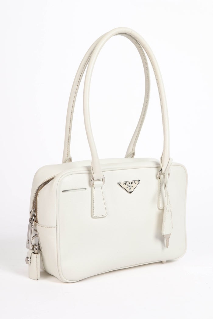 Prada White Saffiano Lux Bowler Shoulder Bag