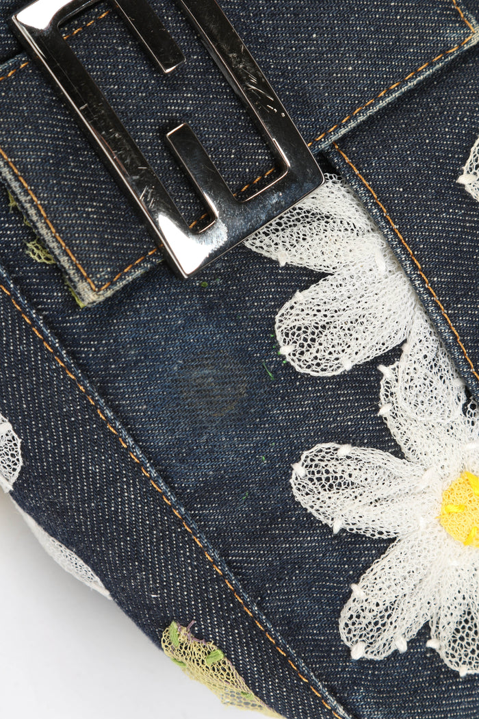 Vintage Fendi Denim Mamma Baguette with Mesh Flower Appliqué