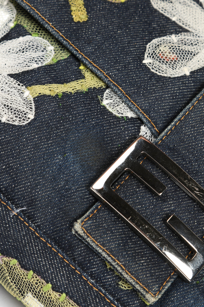 Vintage Fendi Denim Mamma Baguette with Mesh Flower Appliqué