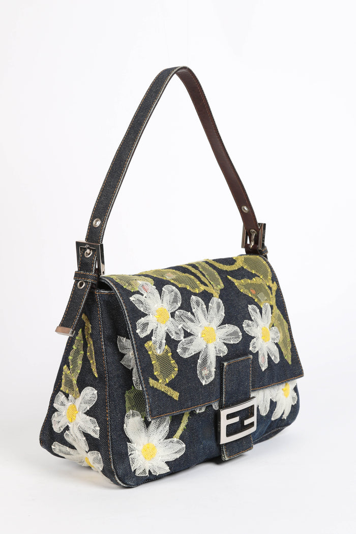 Vintage Fendi Denim Mamma Baguette with Mesh Flower Appliqué