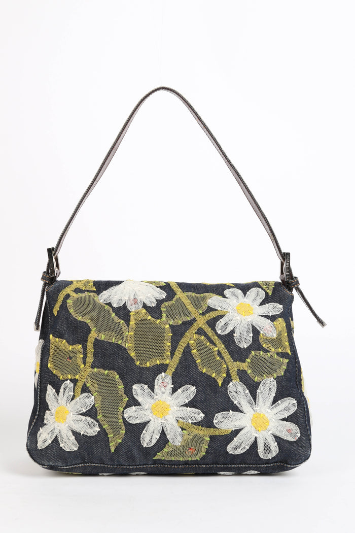 Vintage Fendi Denim Mamma Baguette with Mesh Flower Appliqué