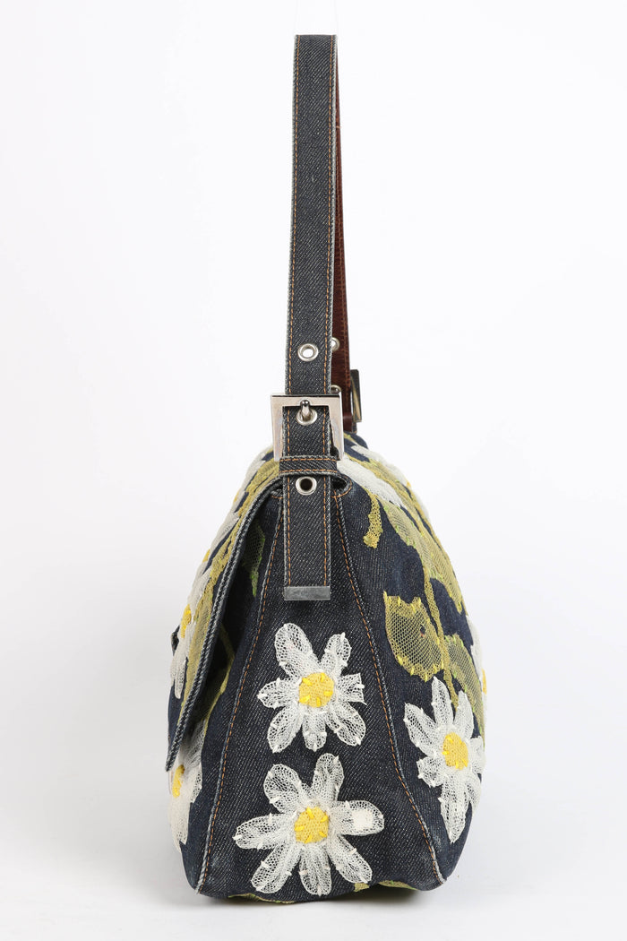 Vintage Fendi Denim Mamma Baguette with Mesh Flower Appliqué