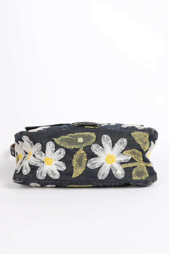 Vintage Fendi Denim Mamma Baguette with Mesh Flower Appliqué