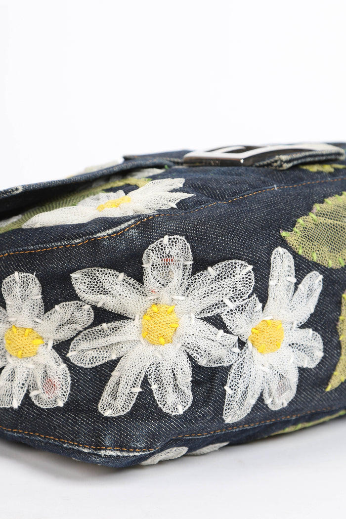 Vintage Fendi Denim Mamma Baguette with Mesh Flower Appliqué