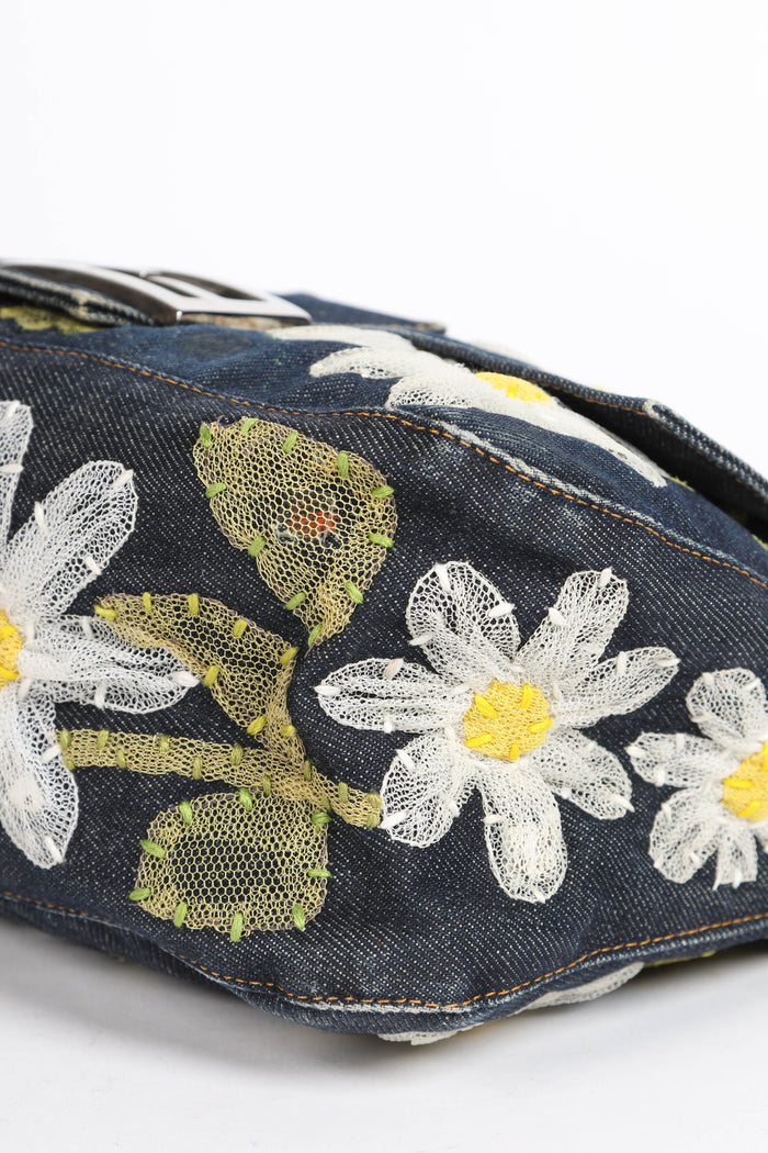 Vintage Fendi Denim Mamma Baguette with Mesh Flower Appliqué